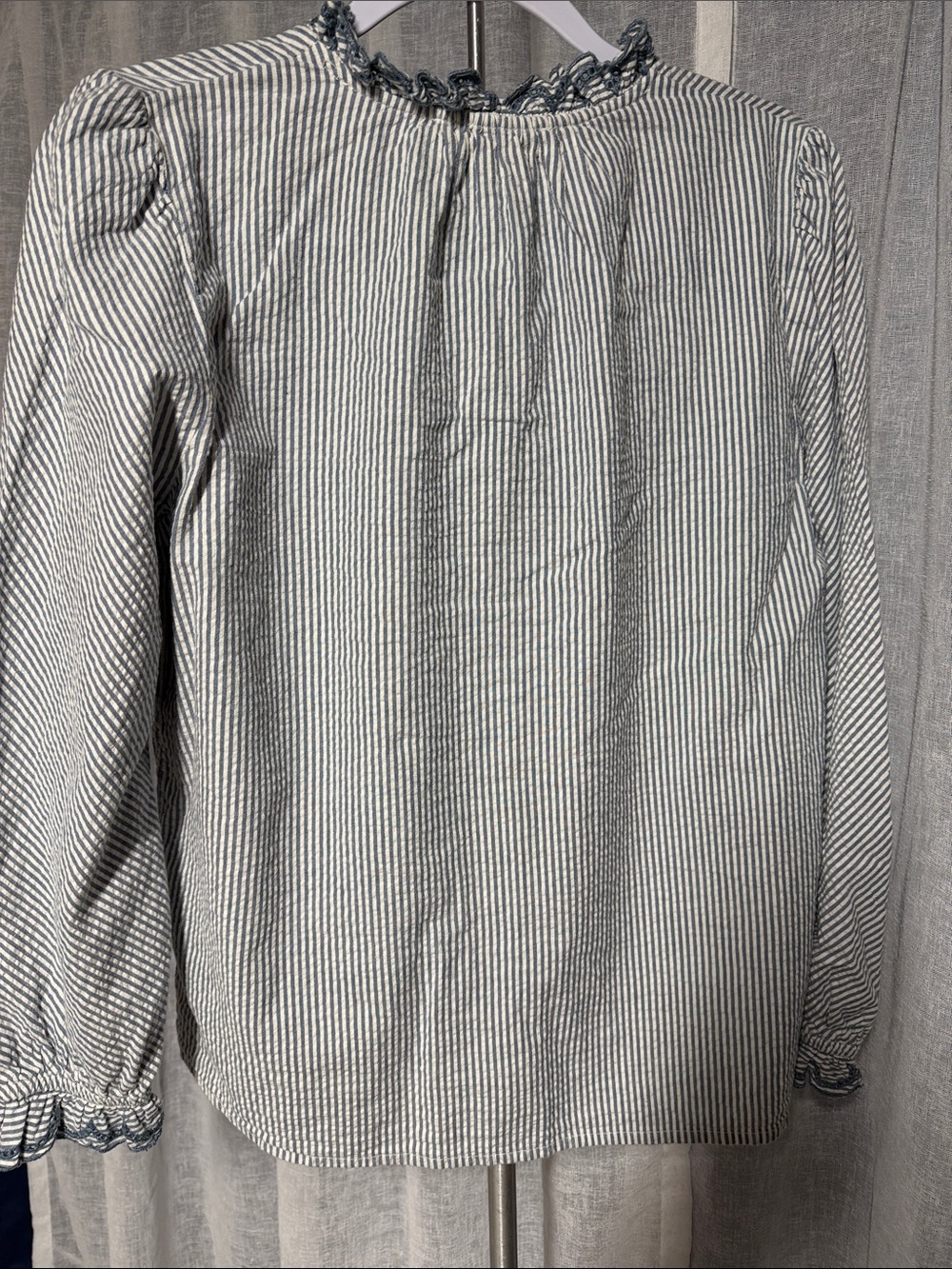 ba&sh Blue & White Striped Ruffle-Neck Button-Down Shirt. 0120 - Picture 3 of 10